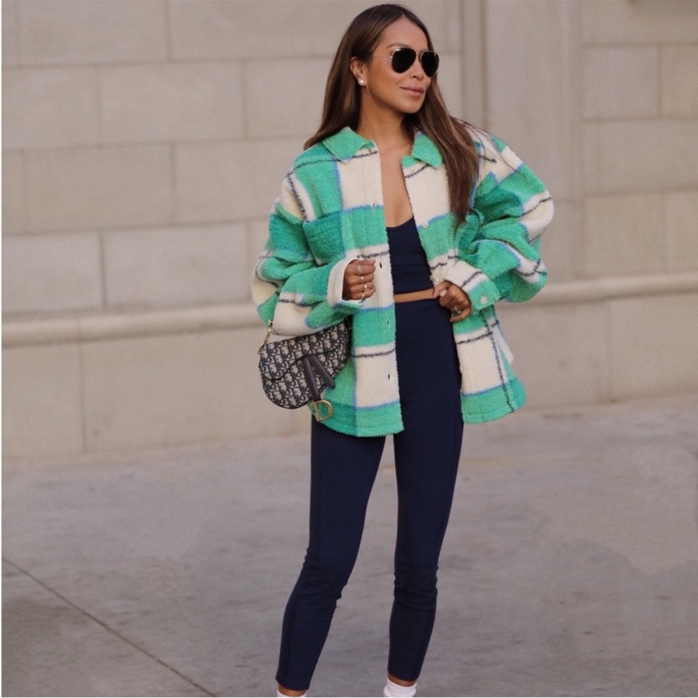 Bandier x Sincerely Jules Aspen Sherpa Jacket in Camp Green Plaid